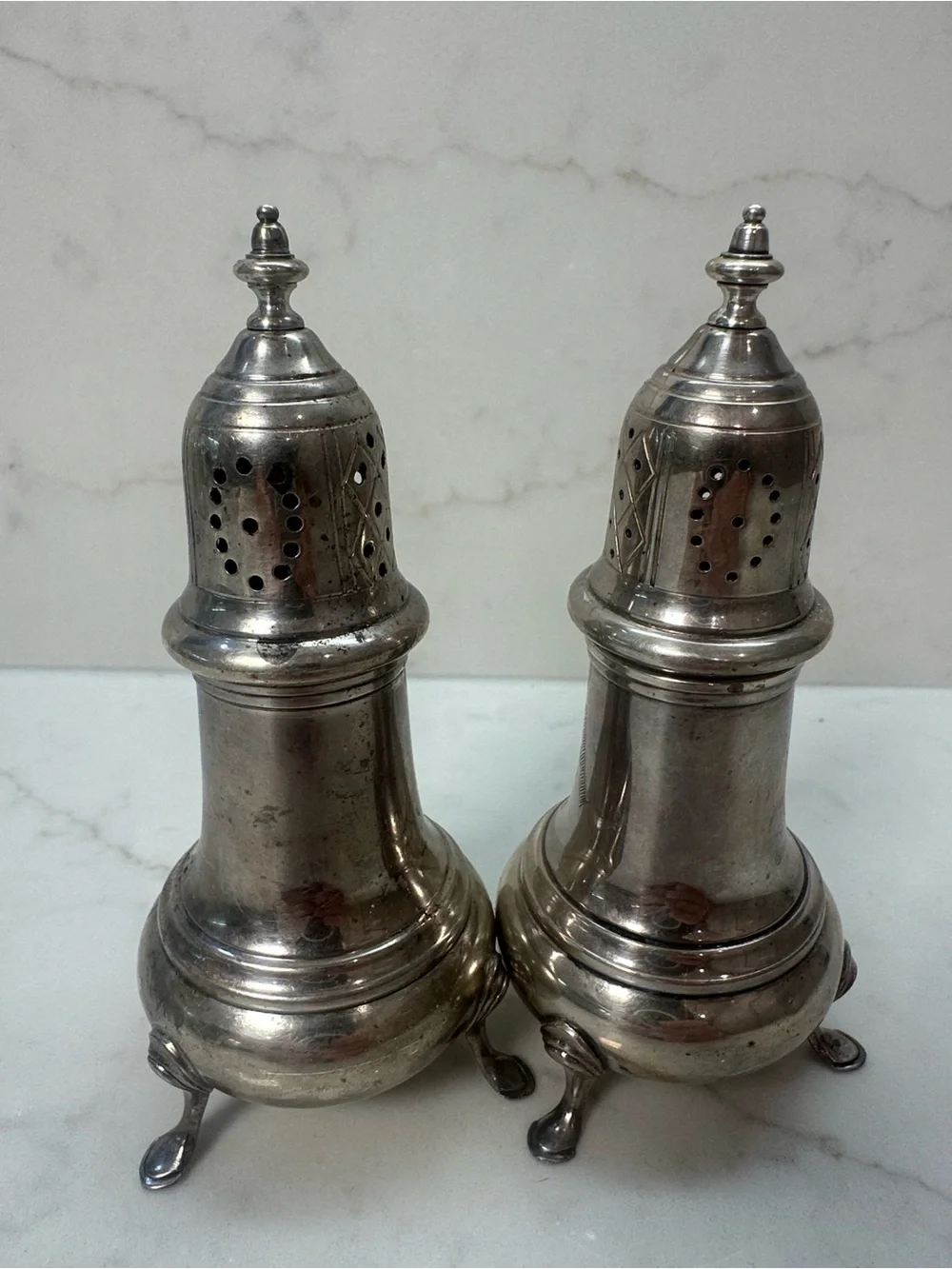 Gorham Sterling Silver 1109 Footed Salt & Pepper Shakers Vintage Engraved A